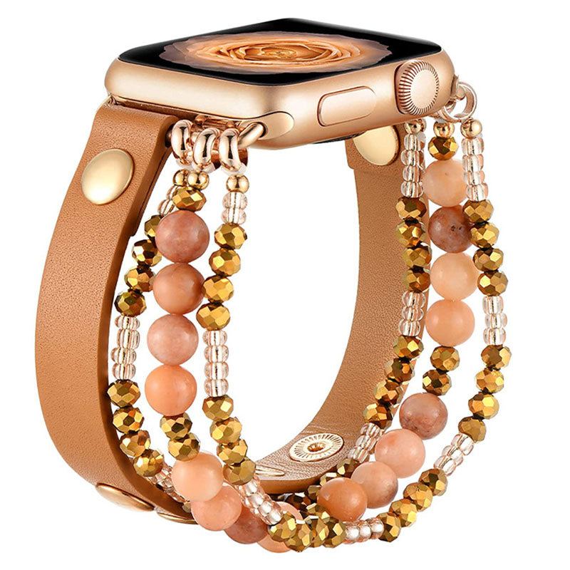 Elastic Leather Metal Beaded Decorative Watch Band for Apple Watch