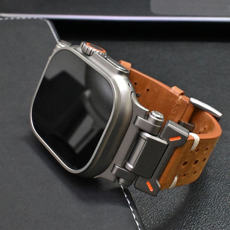 Leather Mechanical Metal Pin Buckle Band For Apple Watch